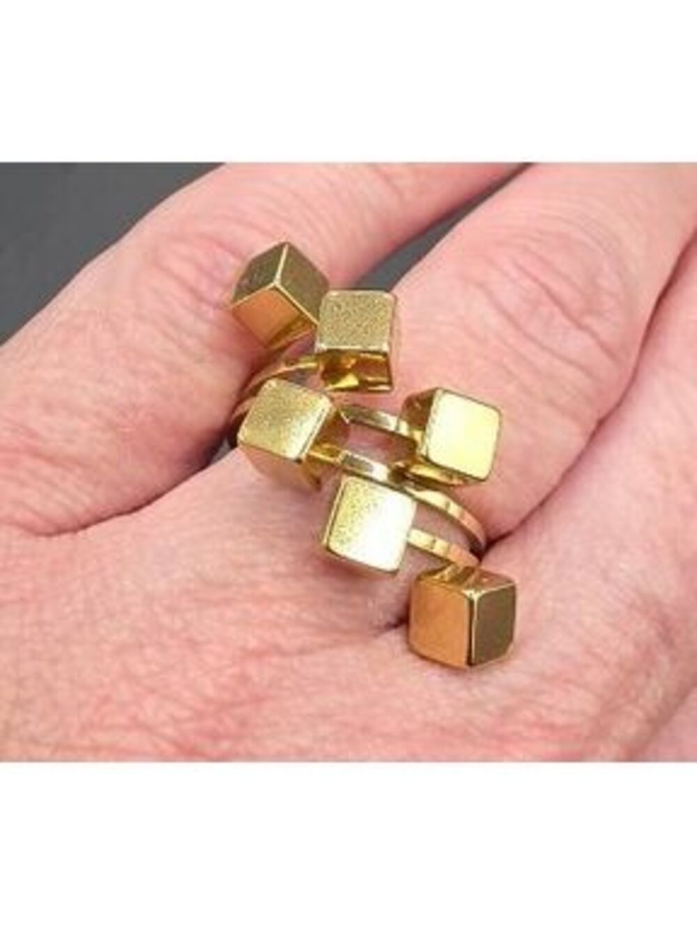Gold Plated Chunky Geometric 3D Cube Statement Ring Size 7.5
